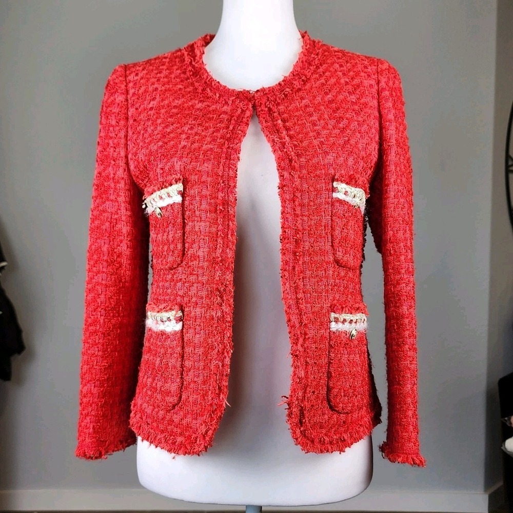 Zara Fantasy Fabric Blazer Jacket Womens XS Red Gold Tweed Classic Office Casual